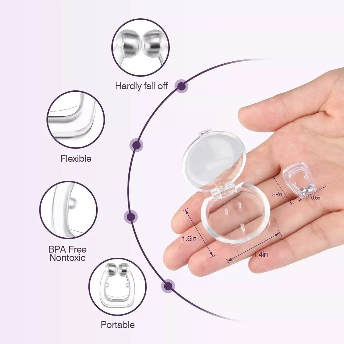 Clear, flexible magnetic anti-snoring nose clip with carrying case held in a hand, showing features and dimensions.