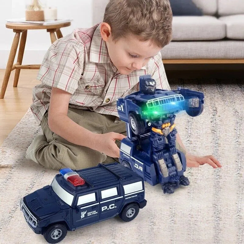 A boy plays on a rug with a blue Fitlybuy transforming police car and robot toy featuring glowing LED lights.
