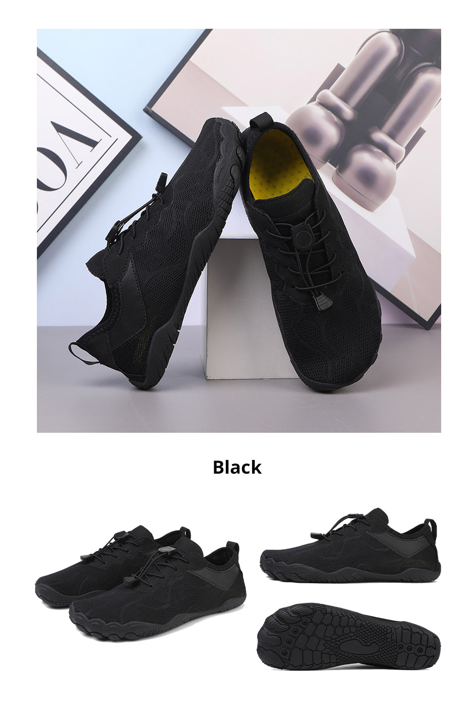 Black Fitlybuy AquaStep barefoot water shoes with quick-dry mesh, toggle laces, and UltraGrip traction outsoles.