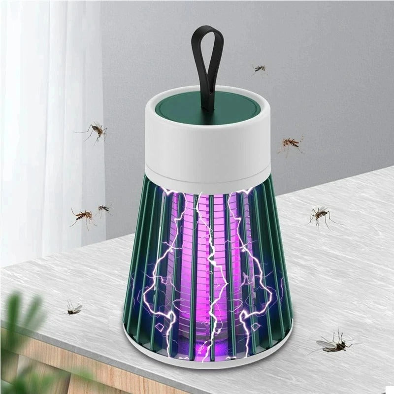 Fitlybuy Mosquito Trap Lamp: white/green portable device with purple UV light, electric zapping effect, and mosquitoes.