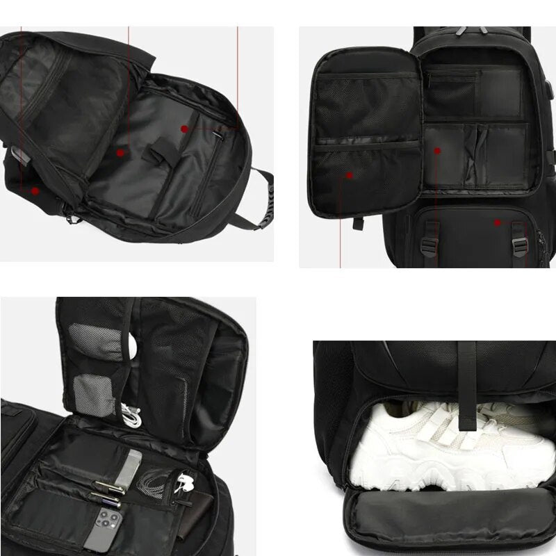Fitlybuy Tech Trek Pro black backpack showing multiple storage compartments, organization pockets, and shoe storage.