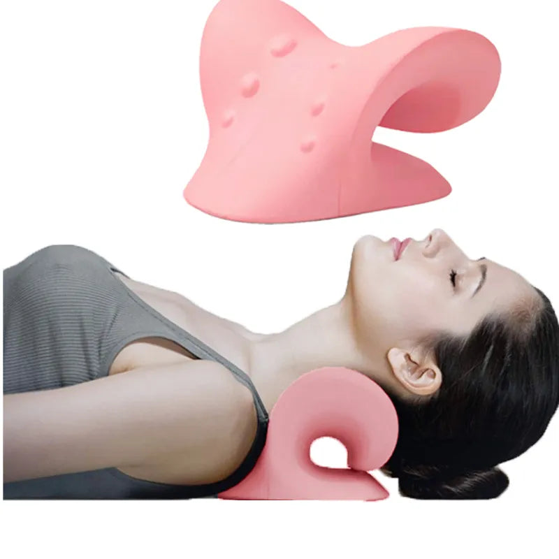 Pink Fitlybuy ergonomic cervical spine stretch pillow supporting a woman's neck for pain relief and posture correction.