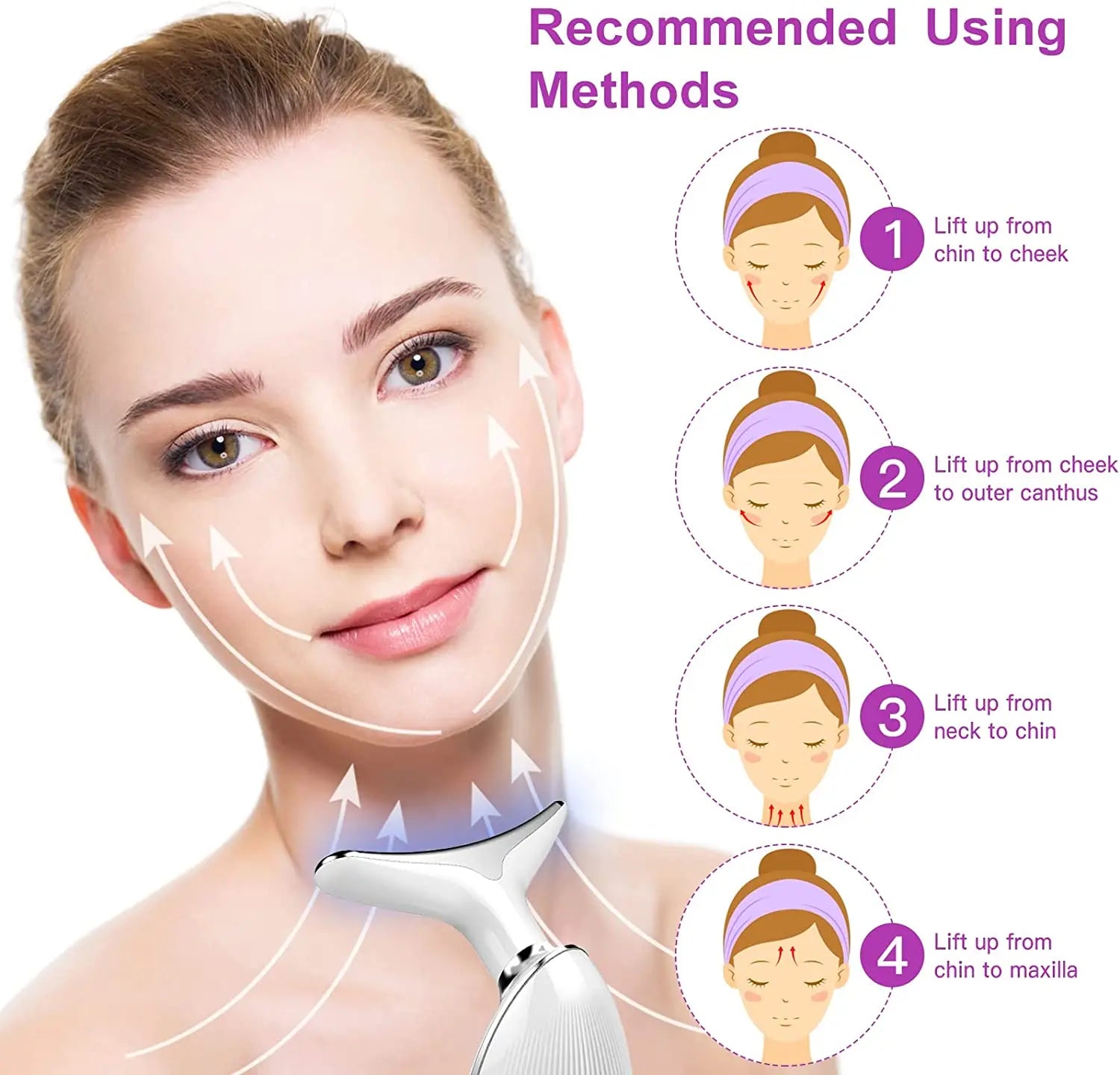 Fitlybuy white EMS neck and face sculpting massager shown with illustrative lifting technique steps.