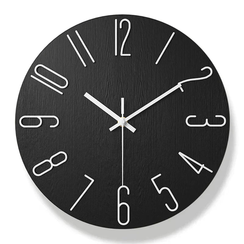 Fitlybuy black wooden round wall clock with white modern numerals and silent quartz hands on a clean white background.