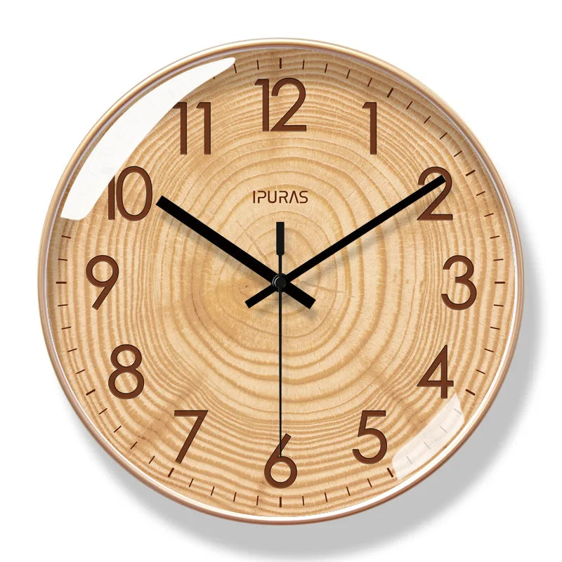 Fitlybuy TimeWisp round wall clock with natural wood grain, dark brown numerals, and minimalist Scandinavian design.
