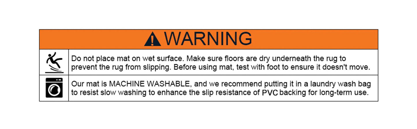 Fitlybuy bath mat warning label: instructions for dry floor placement and machine washing in a laundry bag.