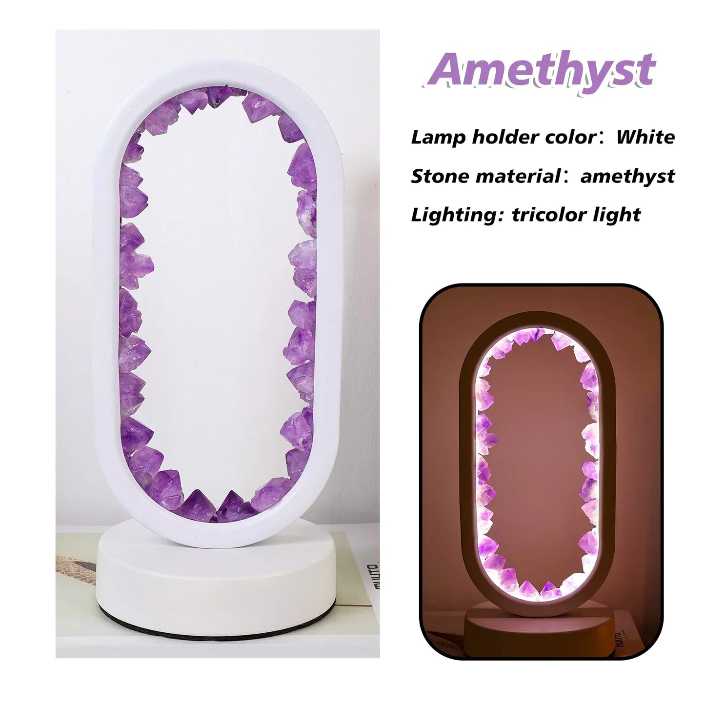 Fitlybuy AuraStone oval lamp with a white frame, purple amethyst crystals, and adjustable tricolor LED lighting.