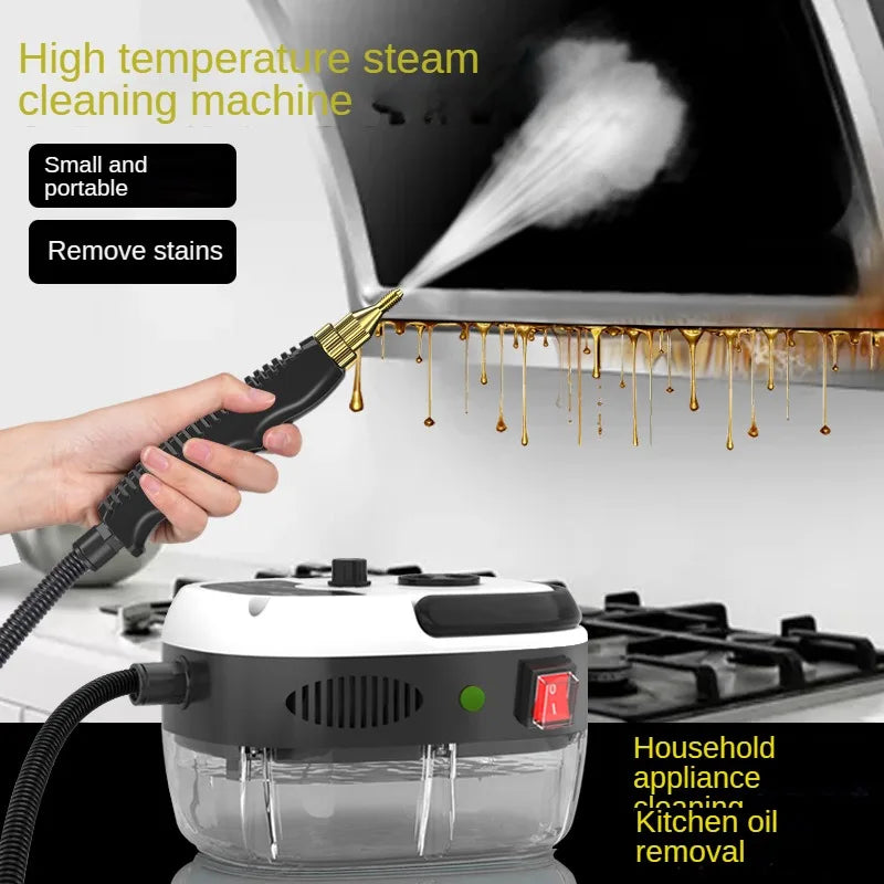 Fitlybuy SteamVolt black/white portable steam cleaner spraying hot steam onto a greasy kitchen range hood.