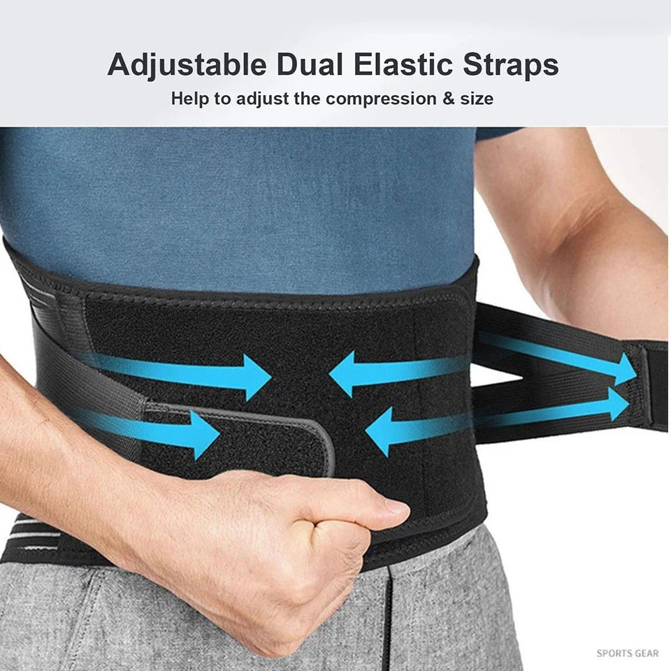 Black Fitlybuy lumbar back brace with adjustable dual elastic straps on a person for orthopedic support.