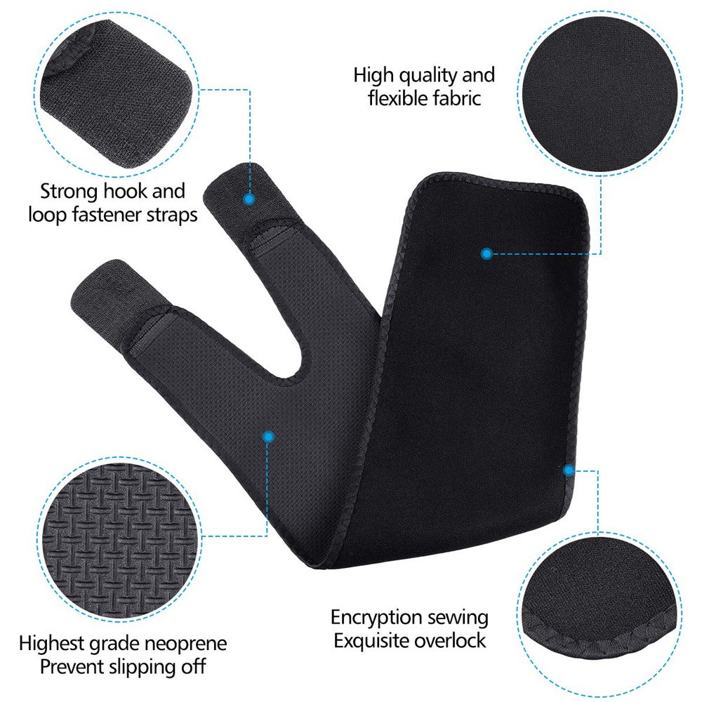 Black Fitlybuy thigh brace showing neoprene texture, hook-and-loop straps, flexible fabric, and durable overlock sewing.