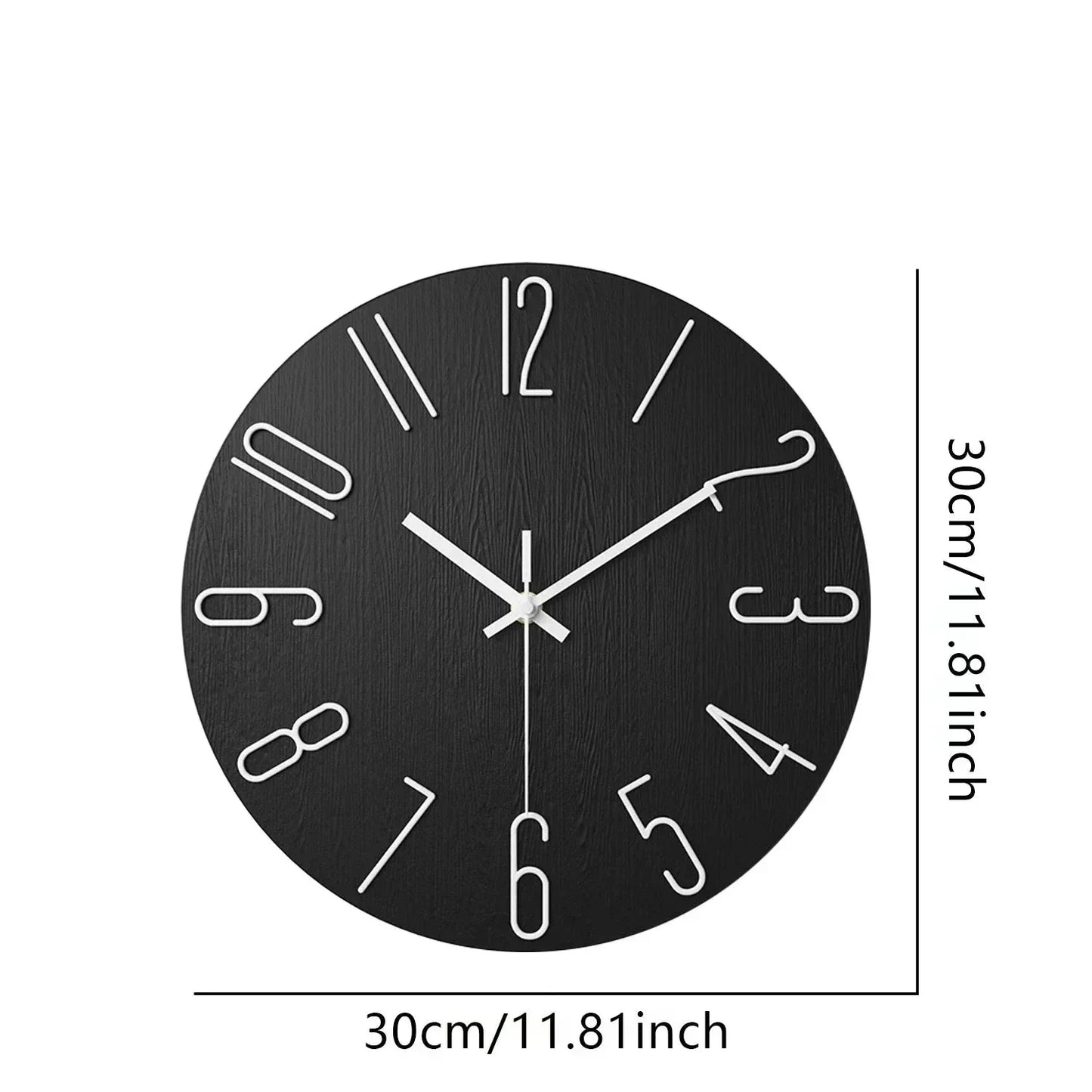 Fitlybuy 30cm black Scandinavian wooden wall clock with white minimalist numbers and silent quartz movement.