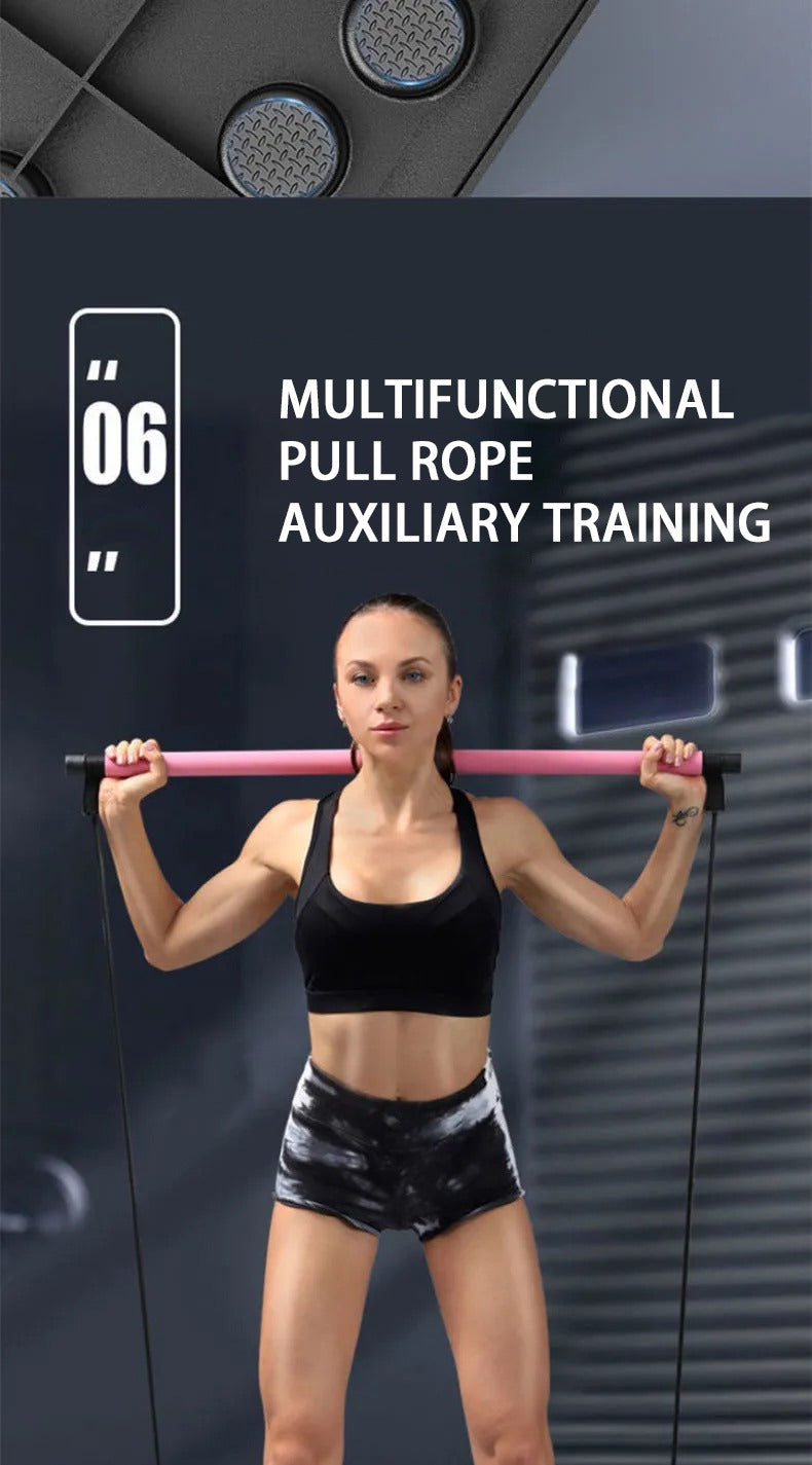 Woman using a pink Fitlybuy multi-functional folding push-up board with resistance pull ropes for fitness training.