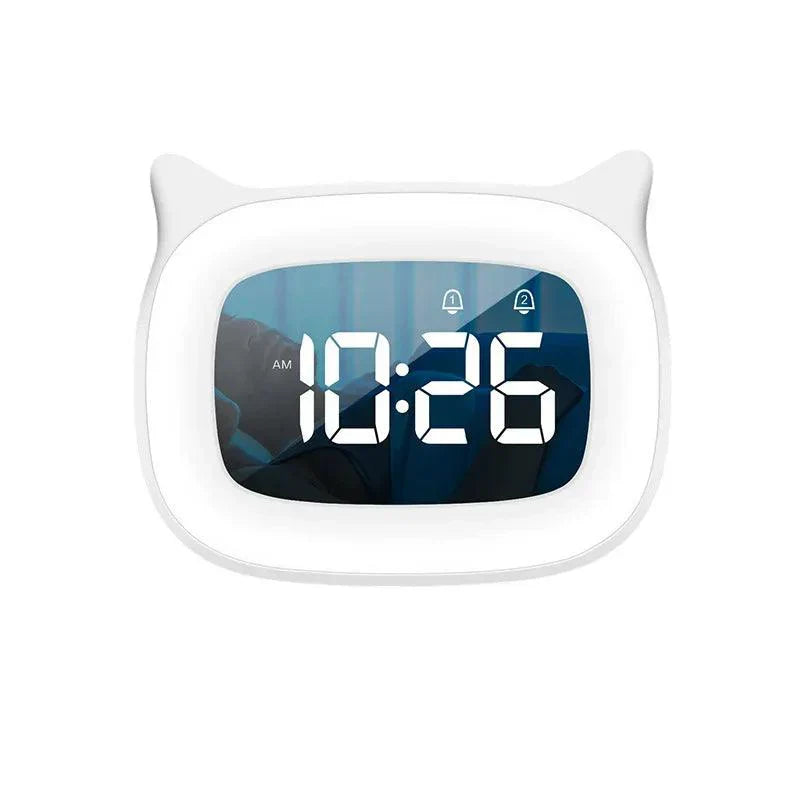 White, cat-ear shaped LED alarm clock showing 10:26 AM with dual alarm icons on a digital display screen.