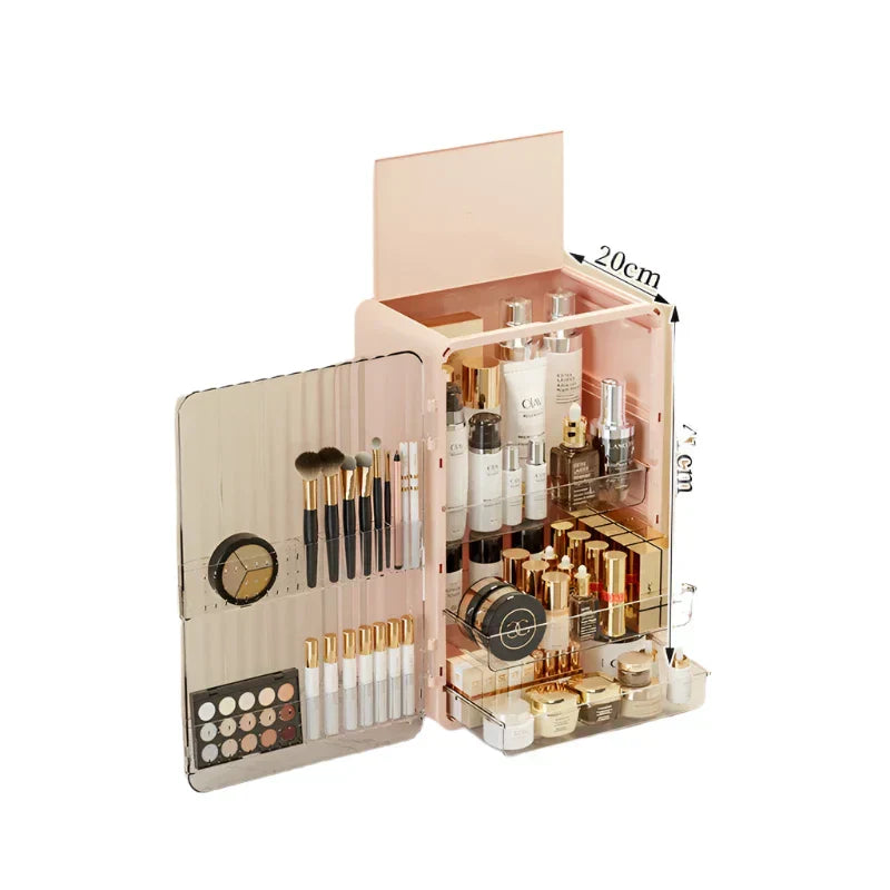 Pink Fitlybuy Luxo makeup organizer with clear magnetic door, shelving for cosmetics, and brush storage. 20cm width.