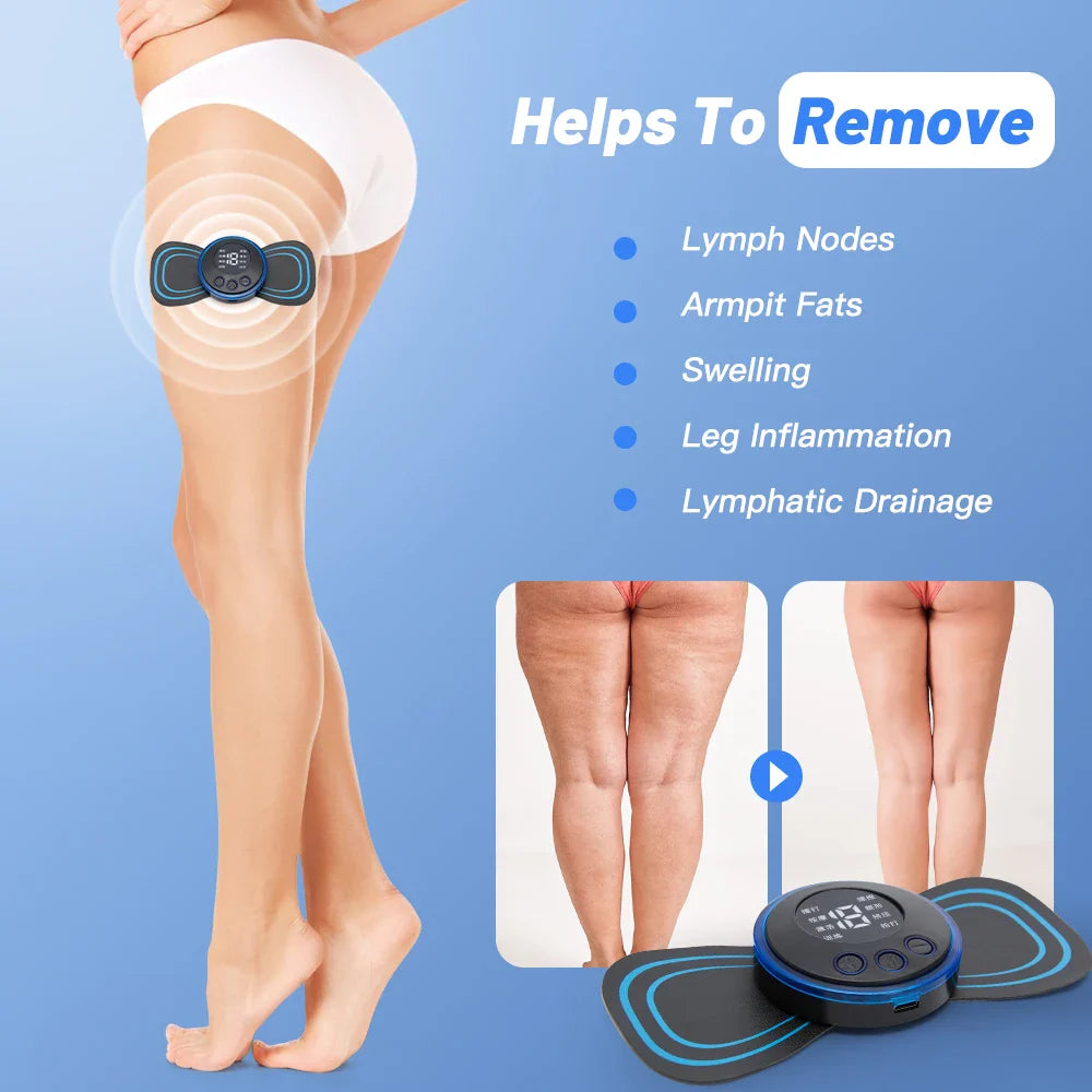 Fitlybuy EMS pulse massager attached to a leg, featuring a digital display, blue LED accents, and before/after imagery.