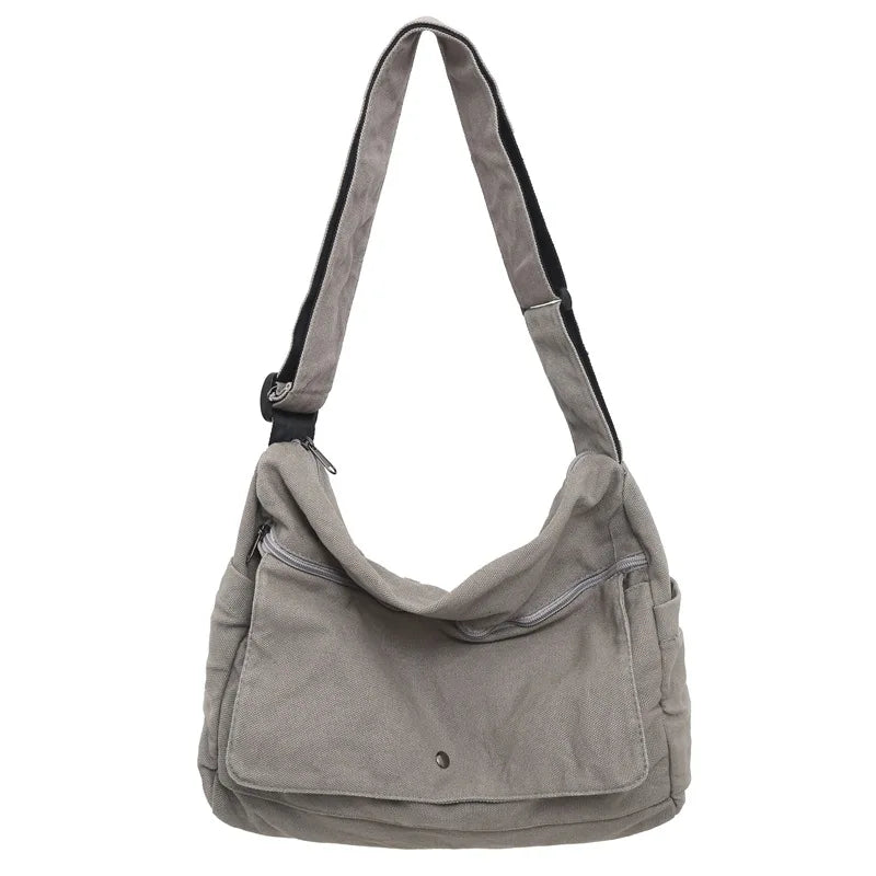 Gray Fitlybuy canvas messenger sling bag with adjustable strap, front flap, and zippered pockets against a white background.