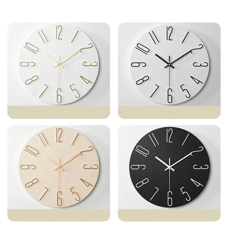 Four Scandinavian frameless wall clocks with modern numerals and silent quartz movement in black, white, and wood finishes.