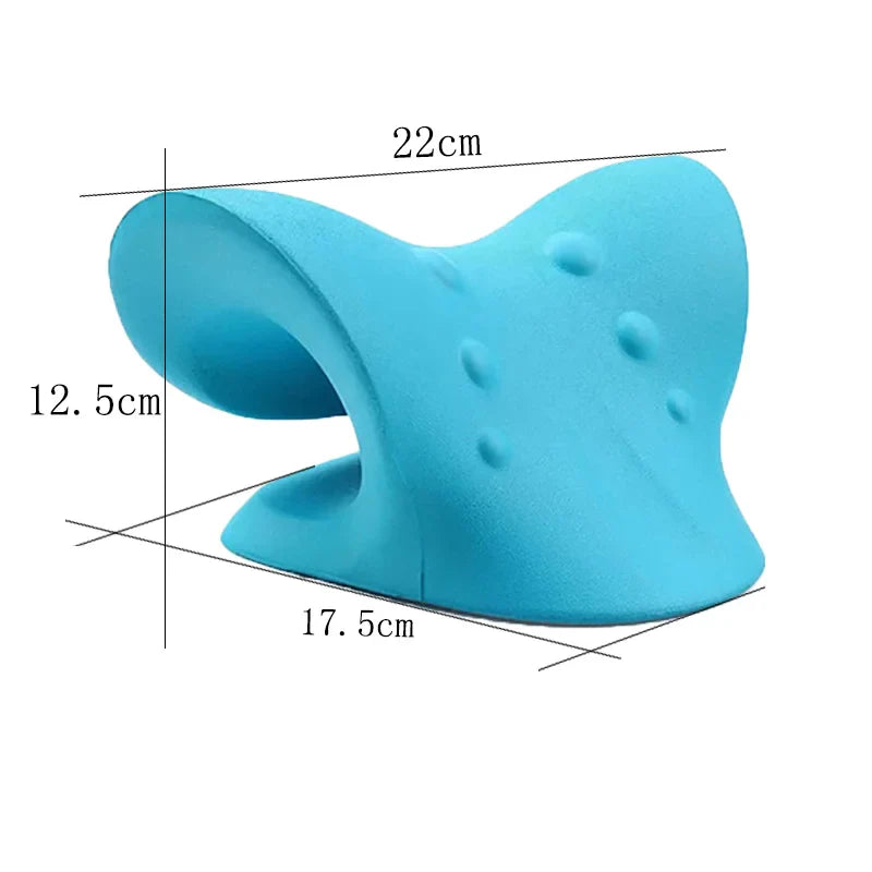 Blue ergonomic Fitlybuy cervical spine stretch pillow with massage nodes, showing dimensions of 22x17.5x12.5cm.