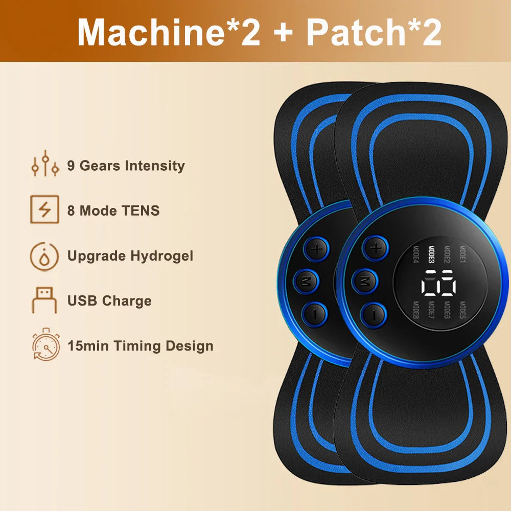 Fitlybuy EMS Neck Massager: two black and blue TENS pulse devices with 9 intensity levels and 8 massage modes.