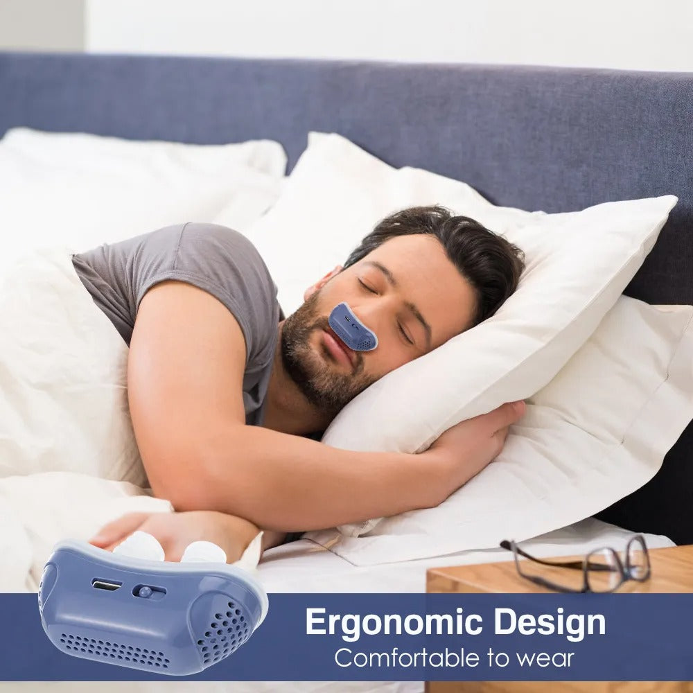 Man sleeping comfortably wearing a blue Fitlybuy silicone anti-snoring nasal dilator with ergonomic design features.