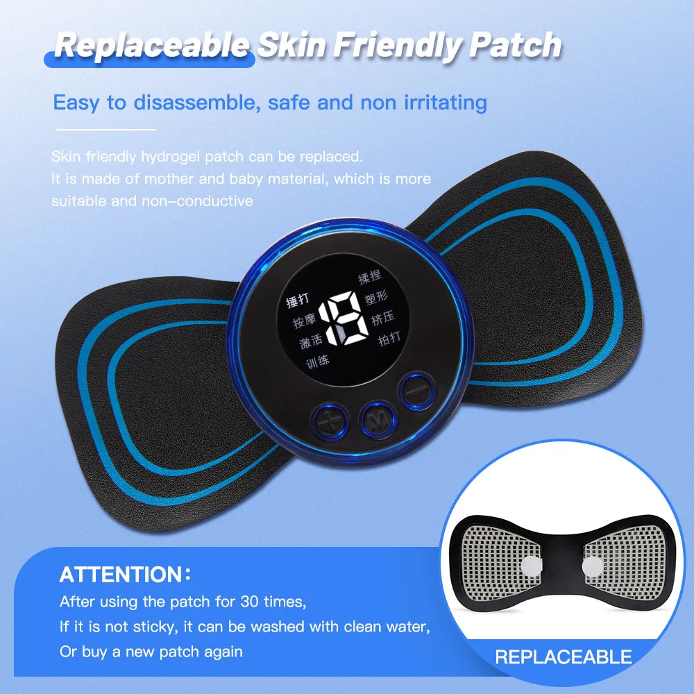 Fitlybuy EMS neck massager featuring a black, butterfly-shaped hydrogel patch with a blue, digital-display control unit.