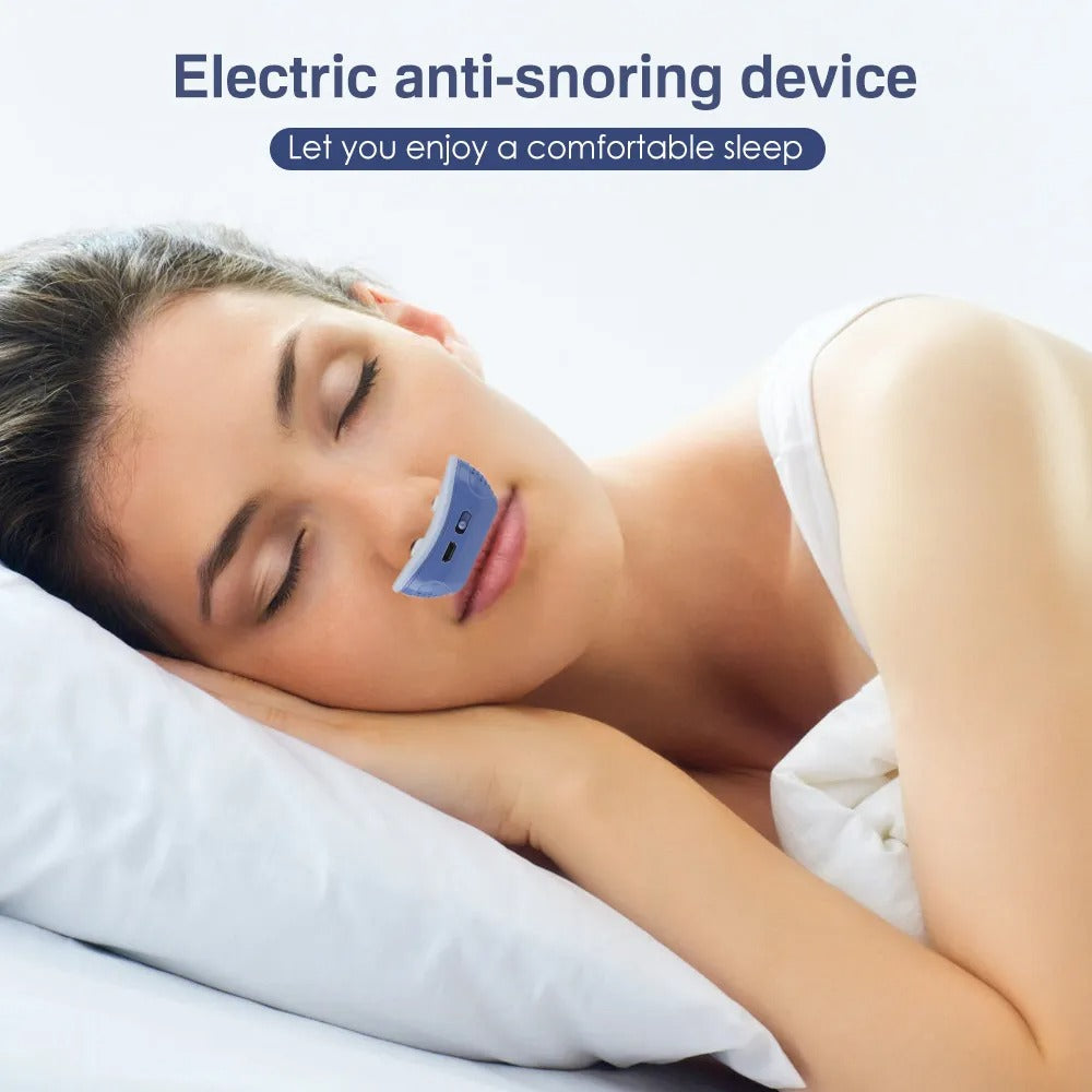 Woman sleeping peacefully wearing a blue Fitlybuy silicone electric anti-snoring nasal dilator with a compact design.