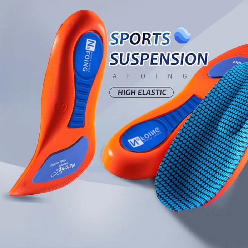 Orange and blue Fitlybuy orthopedic sports insoles with arch support, high-elastic texture, and suspension technology.