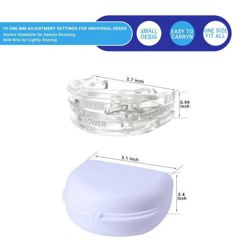 Fitlybuy clear anti-snoring mouth guard with adjustable settings, dimensions, and a light purple storage case.