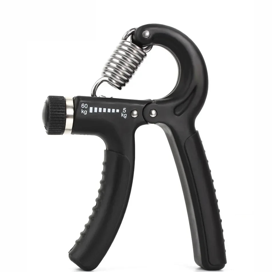Black Fitlybuy adjustable hand gripper with metal spring, ergonomic handle, and 5-60kg resistance range.