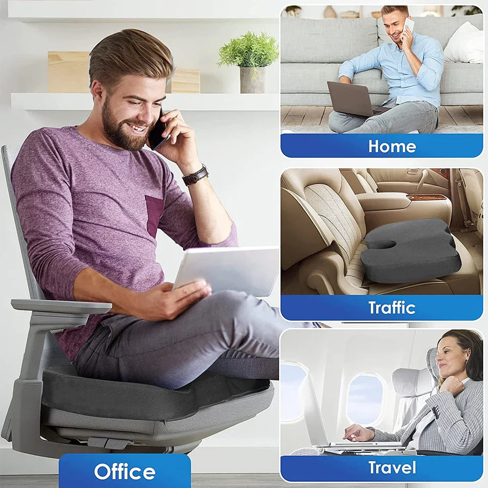 Grey Fitlybuy ergonomic orthopaedic seat cushion shown in use in office, home, car, and airplane settings.