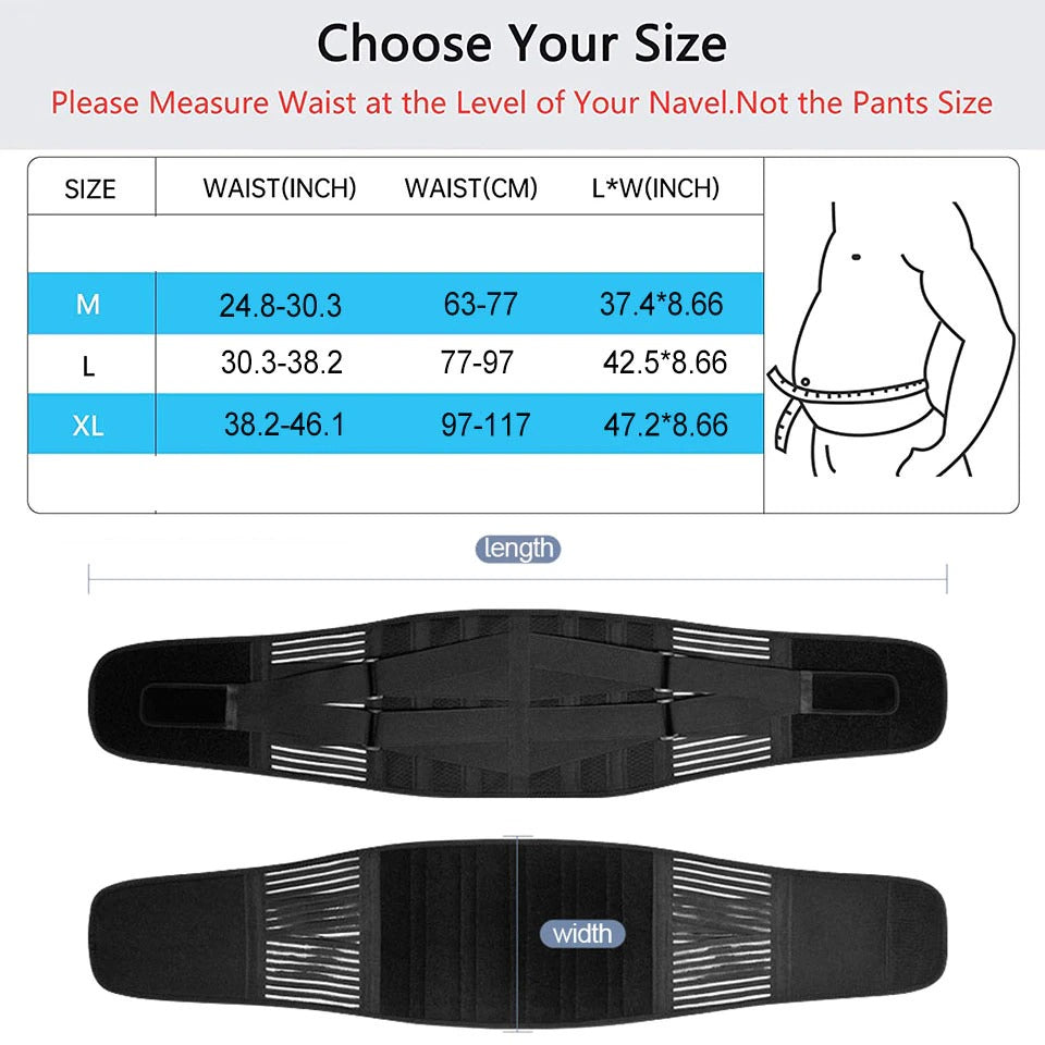 Fitlybuy black lumbar support brace with sizing chart, showing measurements for M, L, and XL sizes at the navel.