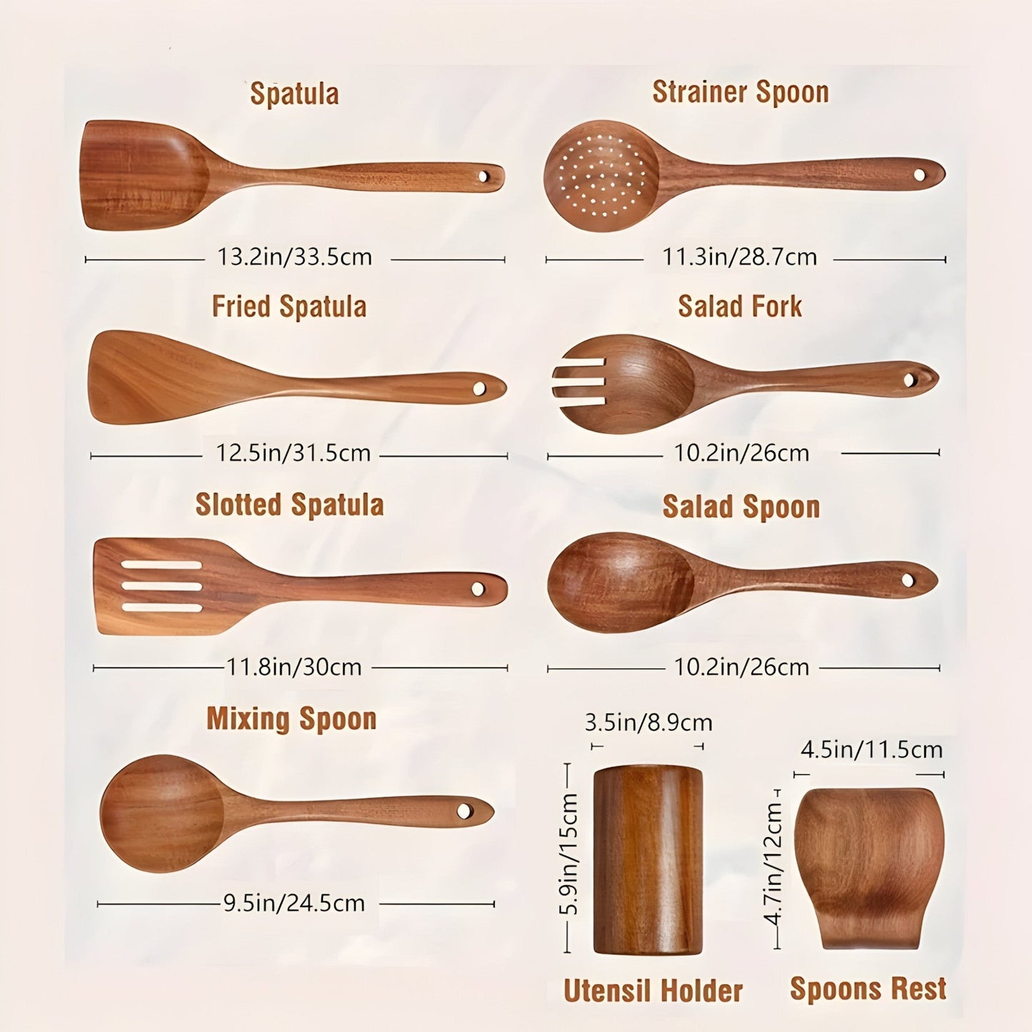 Fitlybuy 9-piece teak wood kitchen utensil set with varied spoons, spatulas, holder, and rest, including dimensions.