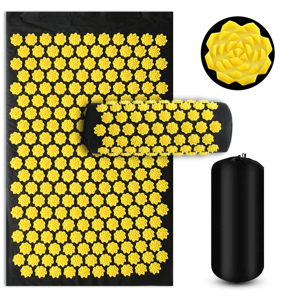 Fitlybuy black acupressure mat and pillow set with yellow flower-shaped pressure points, plus a carrying bag.