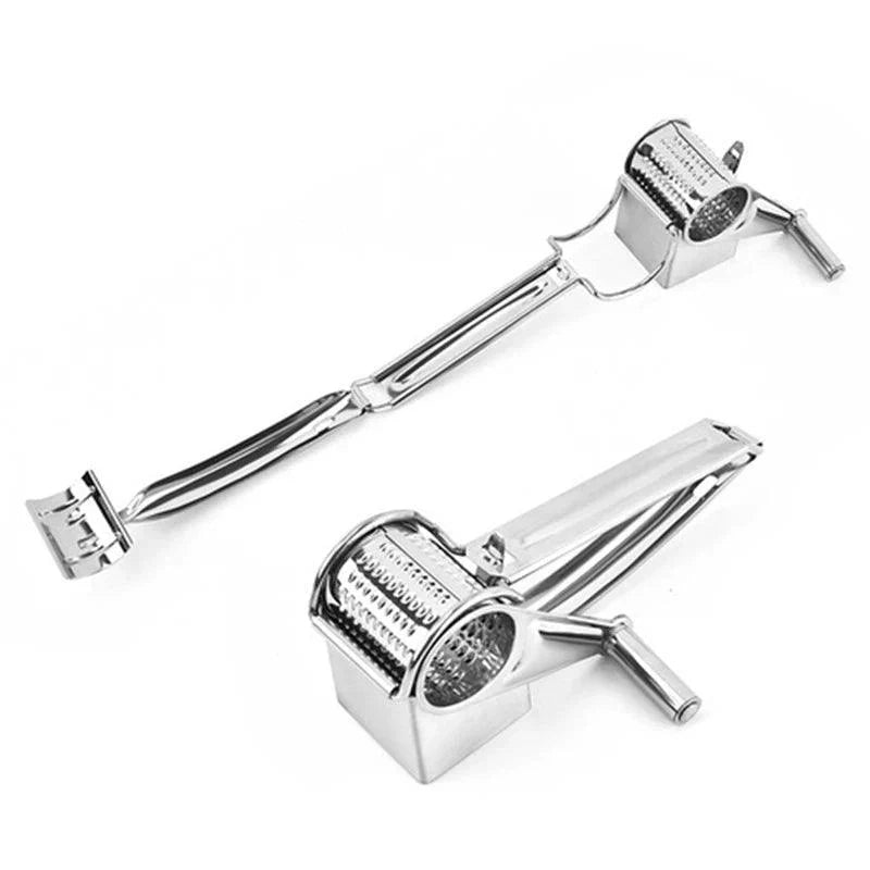 Fitlybuy stainless steel rotary cheese grater with drum blade and hand-crank mechanism on a white background.
