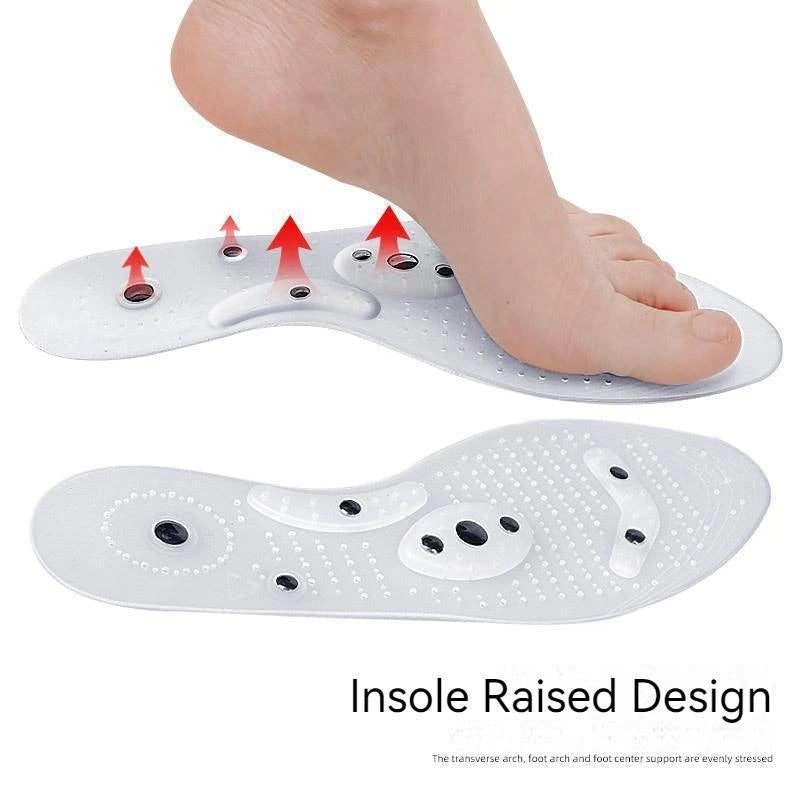 Fitlybuy clear magnetic acupressure insoles with ComfortFlex raised arch support under a bare human foot.