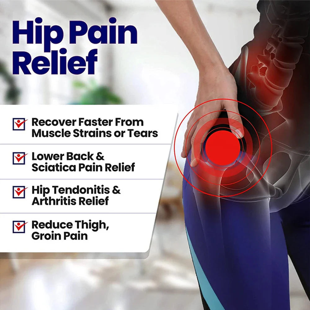 Fitlybuy hip and thigh compression sleeve relieving pain, shown with an anatomical diagram highlighting the hip area.