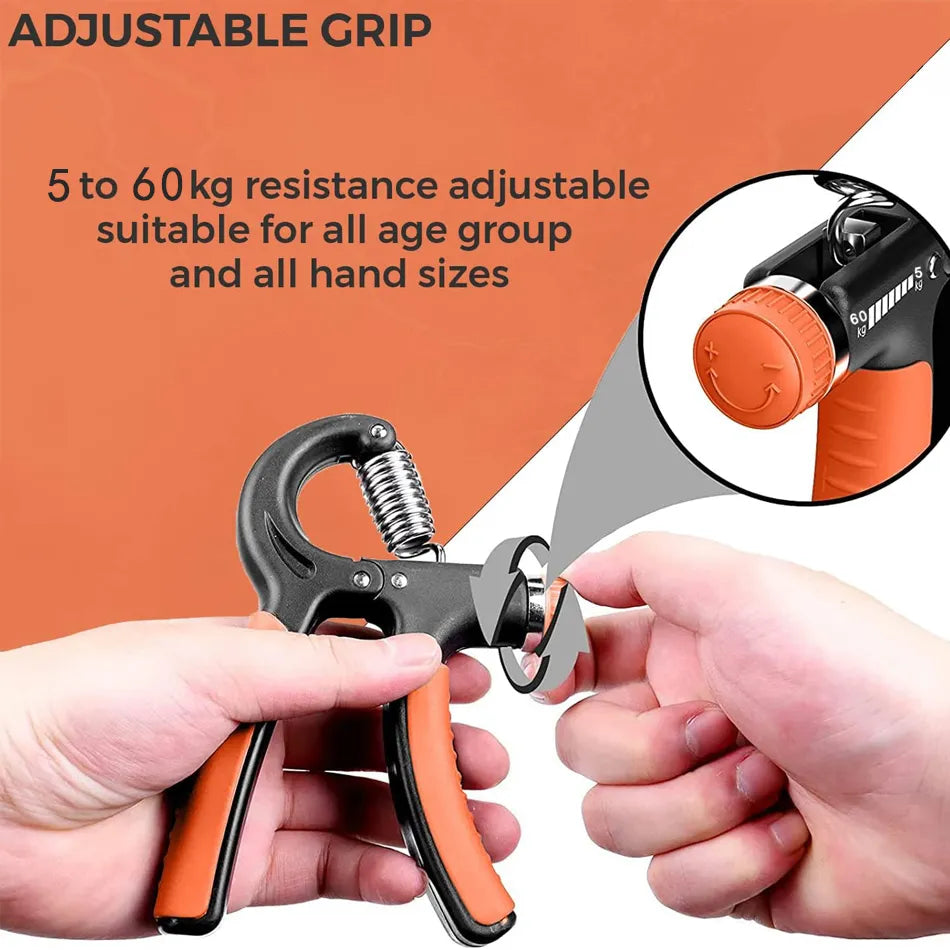 Fitlybuy adjustable black and orange hand gripper for 5-60kg resistance training with an ergonomic design.