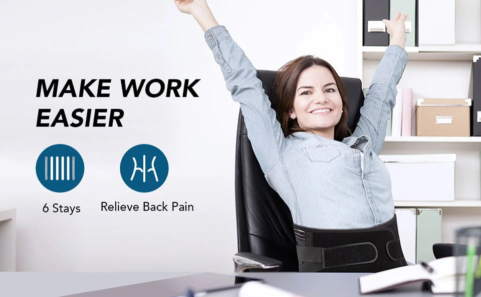 Woman in office wears black Fitlybuy orthopedic lumbar support brace with 6 stays to relieve back pain.