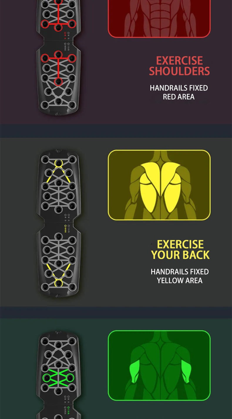 Fitlybuy folding push-up board with color-coded slots for targeting shoulders, back, and triceps with ergonomic grips.