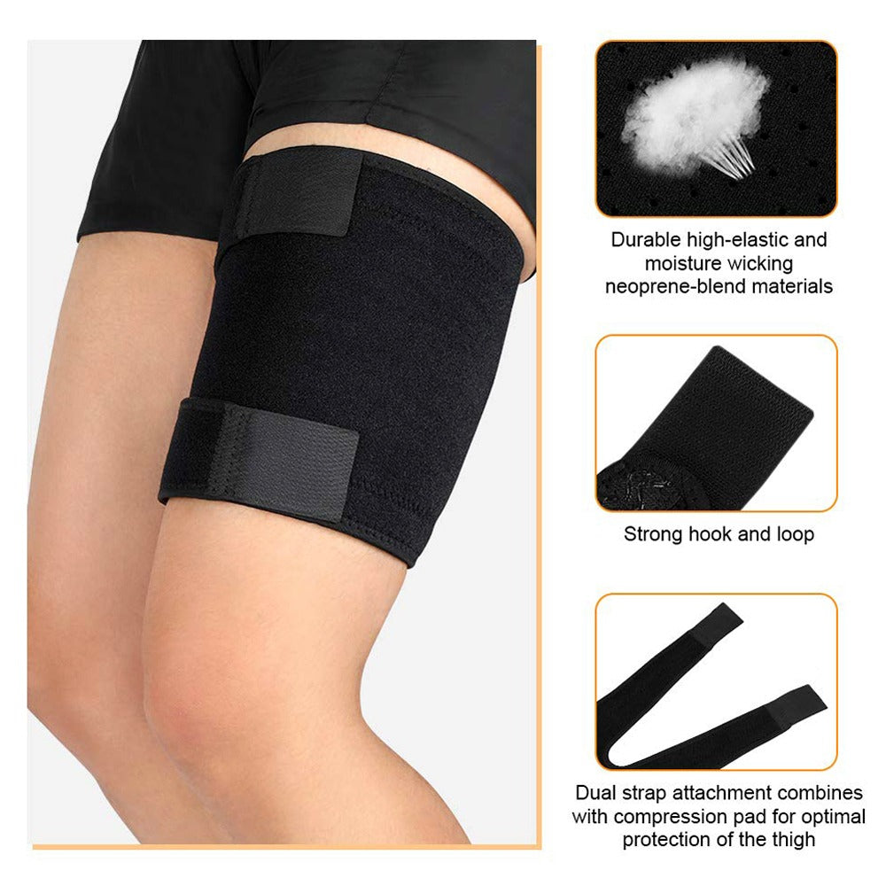 Fitlybuy black neoprene thigh brace with dual adjustable straps, compression wrap, and moisture-wicking material.