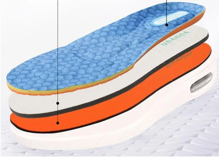 Fitlybuy ComfortStride walking shoe layers: blue honeycomb insole, white and orange cushioning, and air-sole heel.