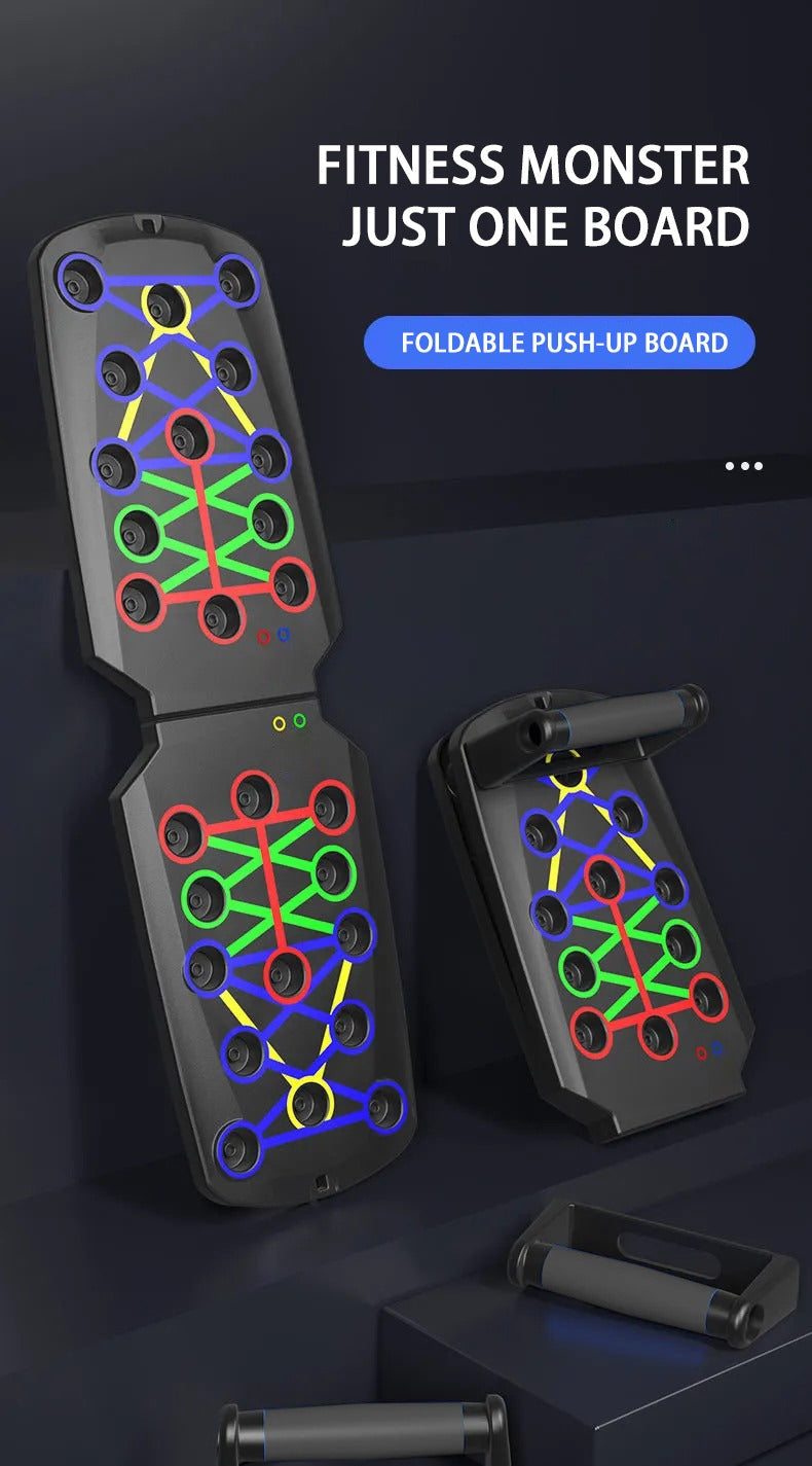 Fitlybuy black foldable push-up board with multi-colored muscle-targeting slots and two ergonomic handles.
