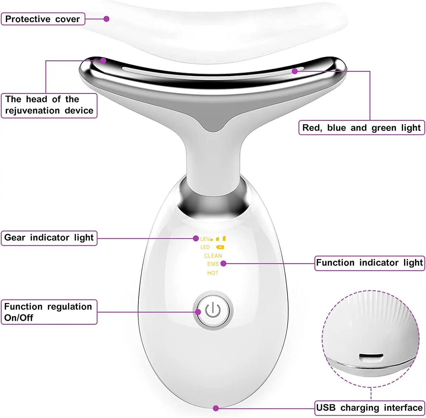 Fitlybuy EMS neck and face massager, white, with LED light therapy, microcurrent sculpting, and USB charging.