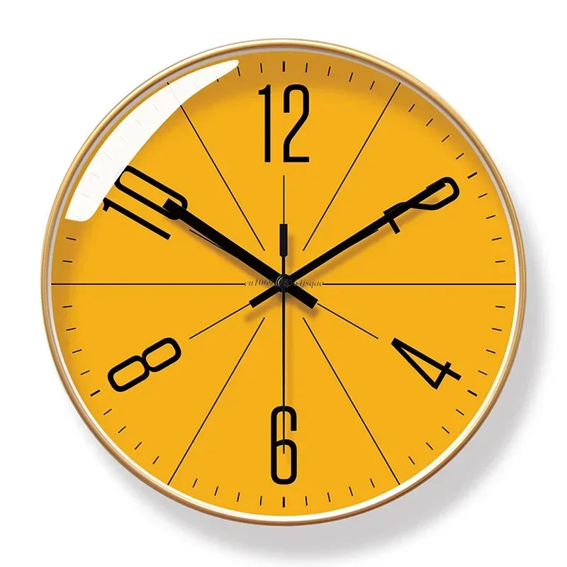 Fitlybuy TimeWisp yellow wall clock with gold rim, black numbers, and modern minimalist design on white background.
