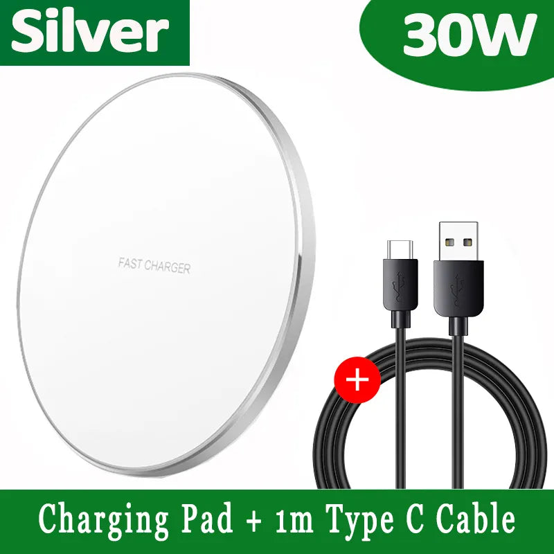 Silver 30W Fitlybuy fast wireless charging pad with a white circular base and a 1m USB-C charging cable.