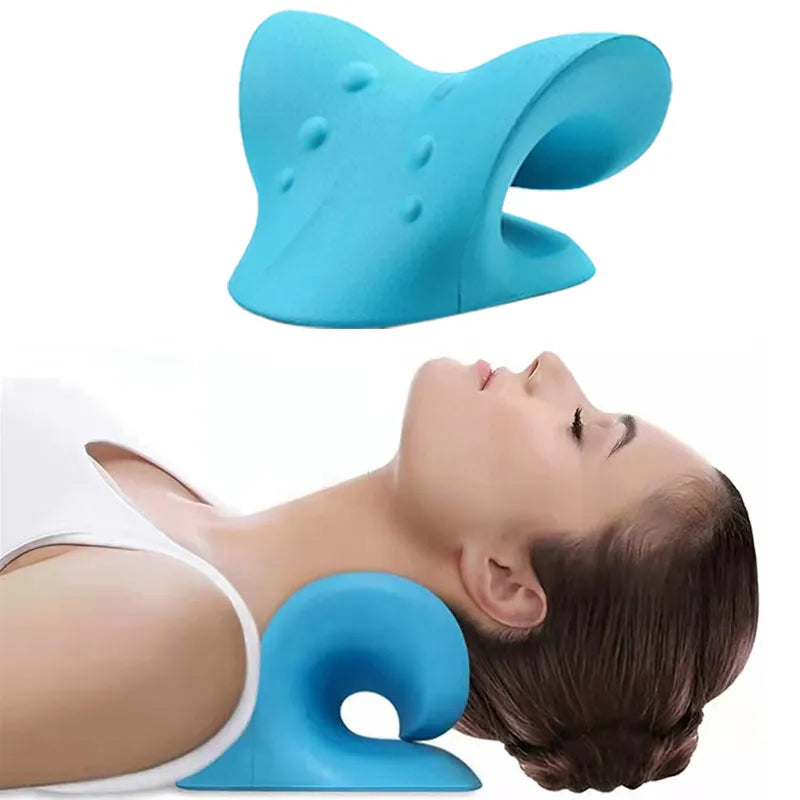 Blue Fitlybuy ergonomic cervical spine stretch pillow providing neck support for a woman lying down.