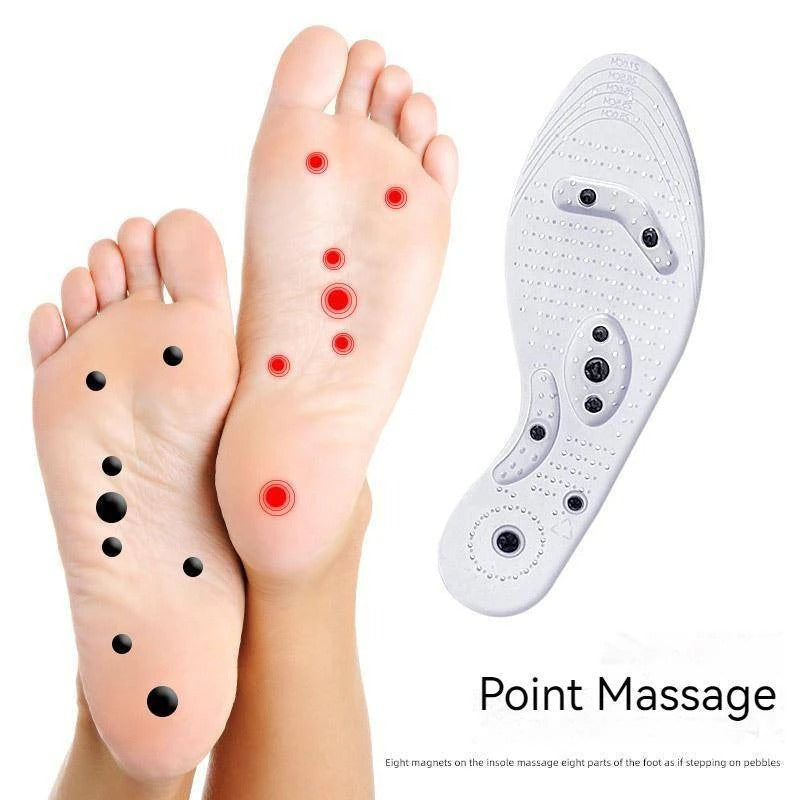 Fitlybuy Magnetic Reflex Insoles with white base, strategically placed black magnets, and acupressure points on bare feet.