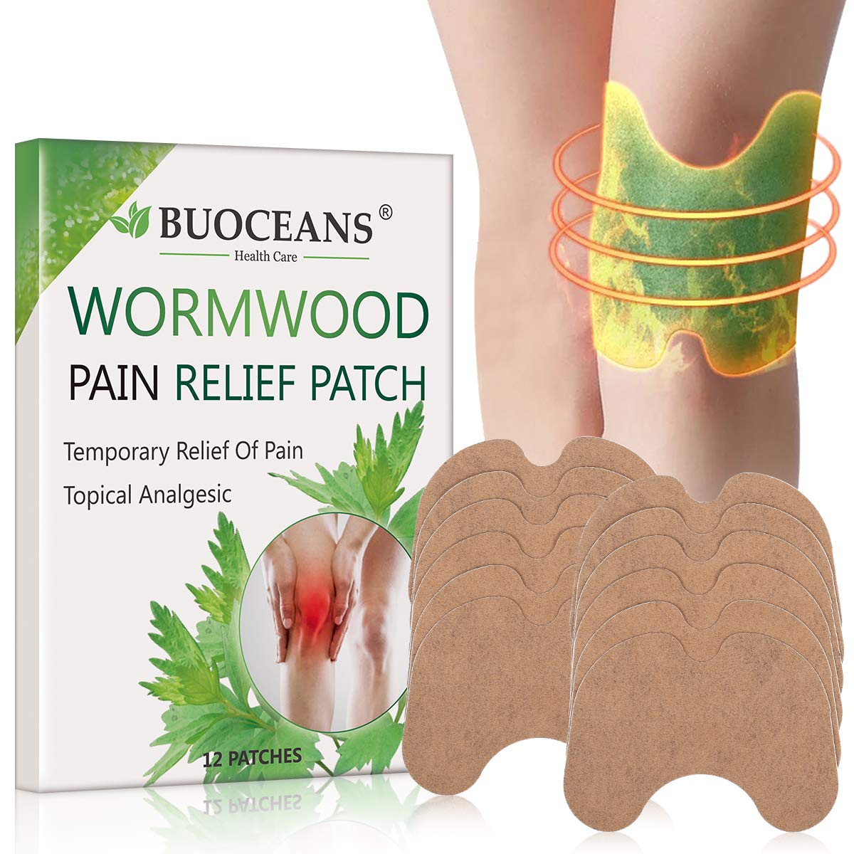 Fitlybuy Wormwood pain relief patch box with tan adhesive patches and a graphic of a patch on a knee.