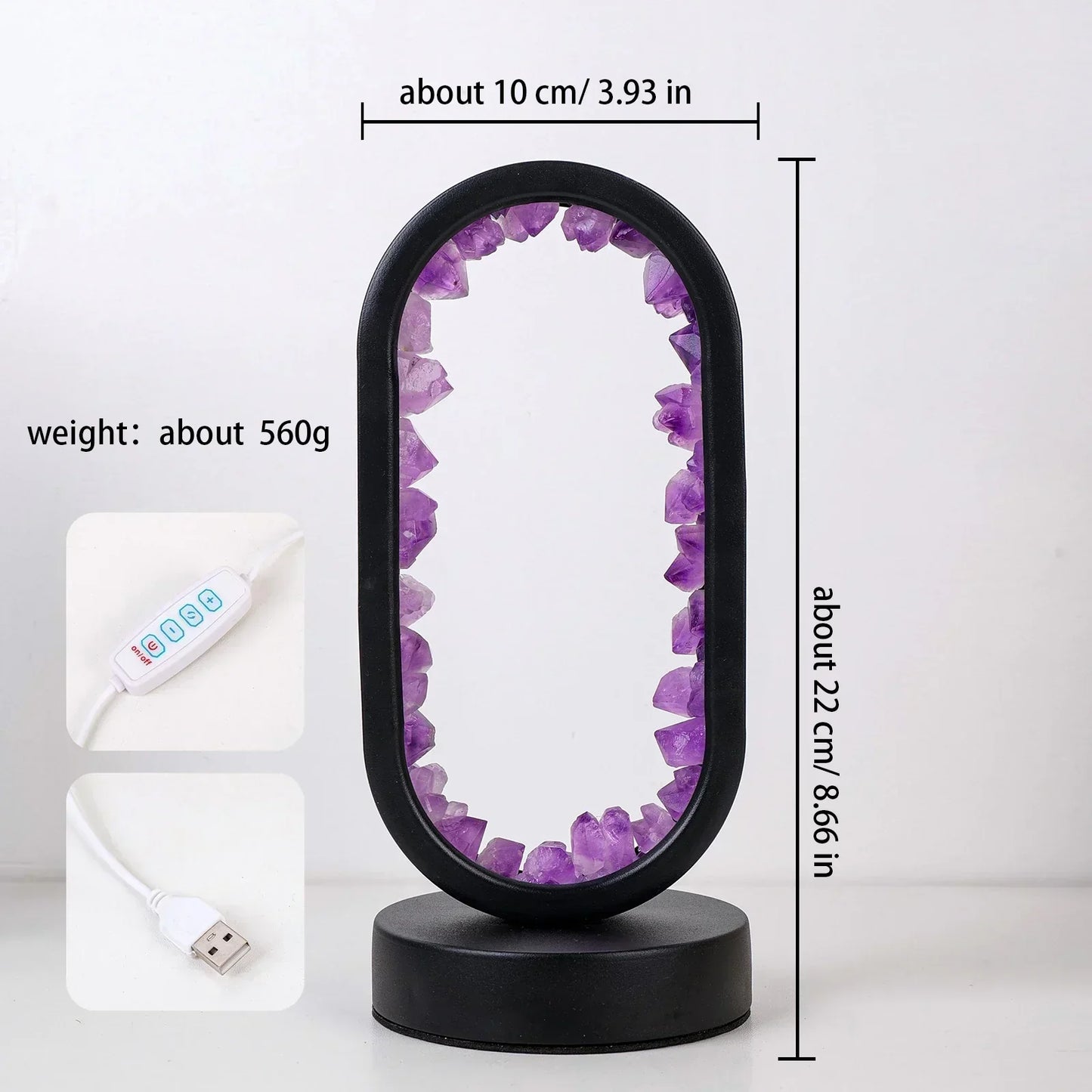 Fitlybuy AuraStone amethyst lamp in a black oval frame with USB controller and dimensions labeled.