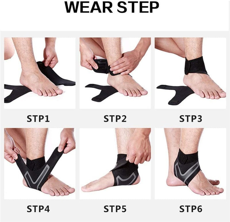 Fitlybuy Ankle Brace with FlexiGuard: 6-step visual guide showing how to apply the black stabilization support wrap.